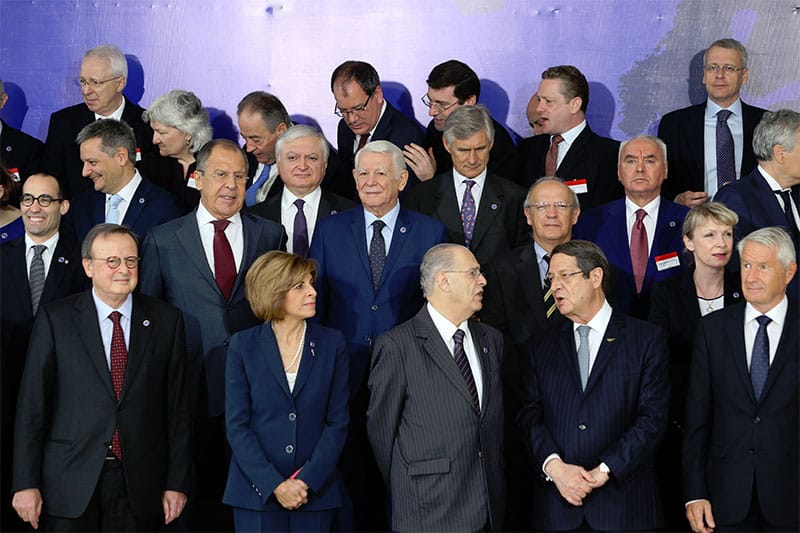 Candidate for the best actor joins others for a family photo at the Committee of Ministers of the Council of Europe