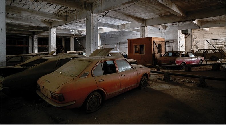 'New' cars in the cellar of what was a car showroom (Roman Robroek)