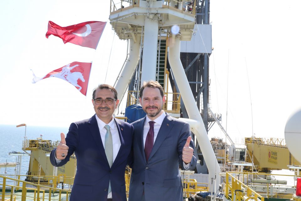 Turkish Finance Minister Albayrak And Energy Minister Donmez Pose On The Deck Of Drilling Vessel Fatih In The Western Black Sea