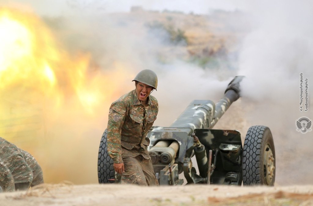 An Ethnic Armenian Soldier Fires An Artillery Piece During Fighting With Azerbaijan's Forces In Nagorno Karabakh
