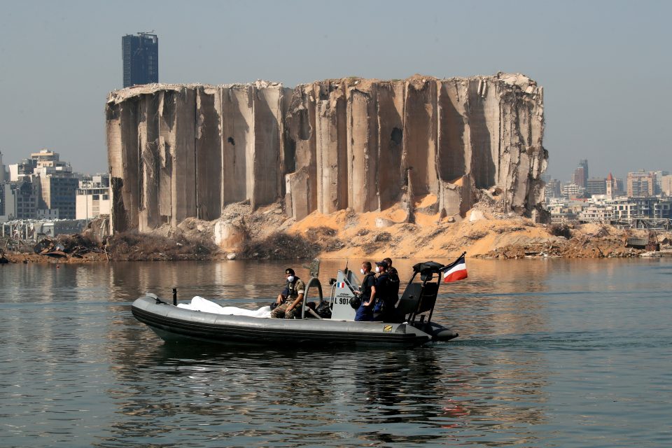 File Photo: Members Of The Lebanese Army And The French Military Ride A Boat Past The Damaged Grain Silo Near Site Of The Massive Blast In Beirut's Port Area, In Beirut, Lebanon August 31, 2020.