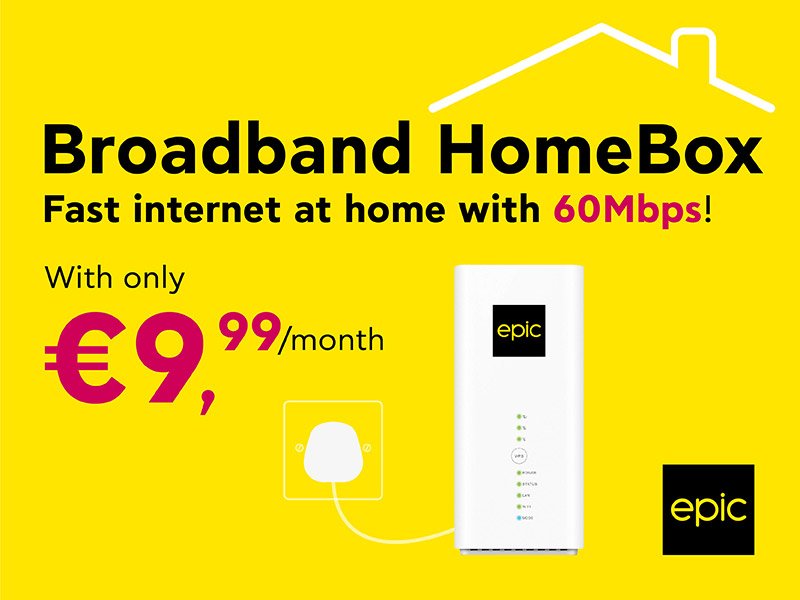 The innovative Broadband HomeBox by Epic which instantly provides a 60Mbps internet connection at home, is now offered at the unmatched price of €9,99/month for the first 12 months!