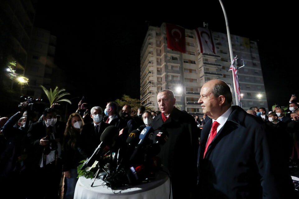 Turkish President Tayyip Erdogan And Turkish Cypriot Leader Ersin Tatar Visit An Area Fenced Off By The Turkish Military Since 1974 In The Abandoned Coastal Settlement Of Varosha