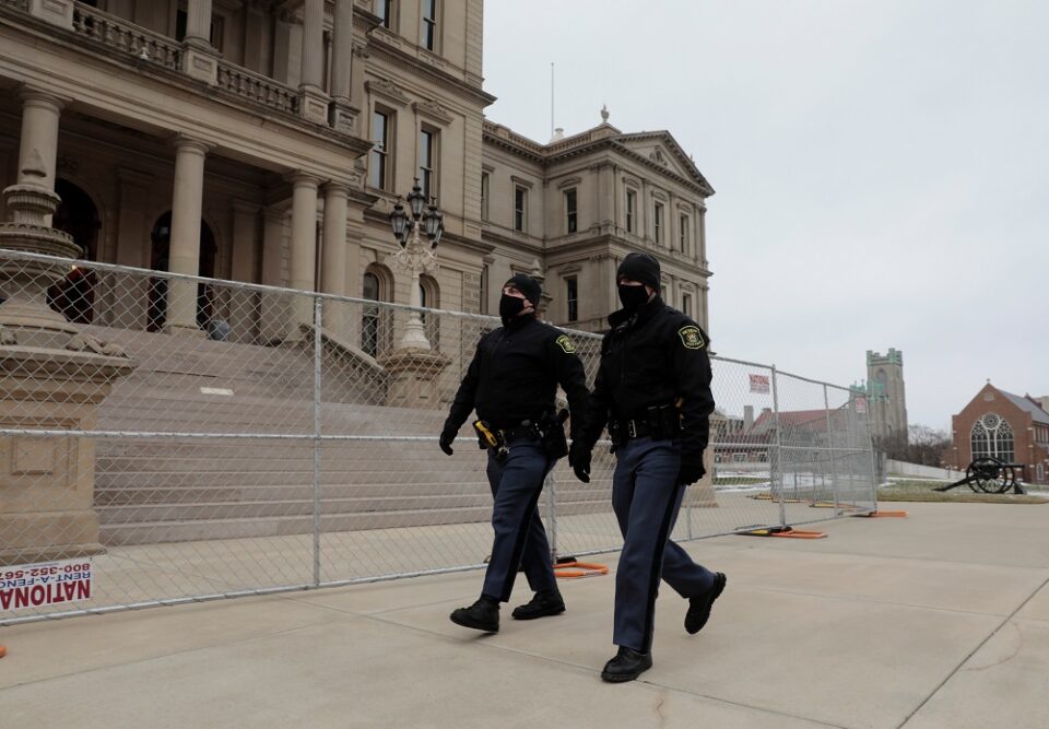 State Police Patrol Outside The Michigan State Capitol Ahead Of Sunday's Expected Protests In Lansing, Michigan