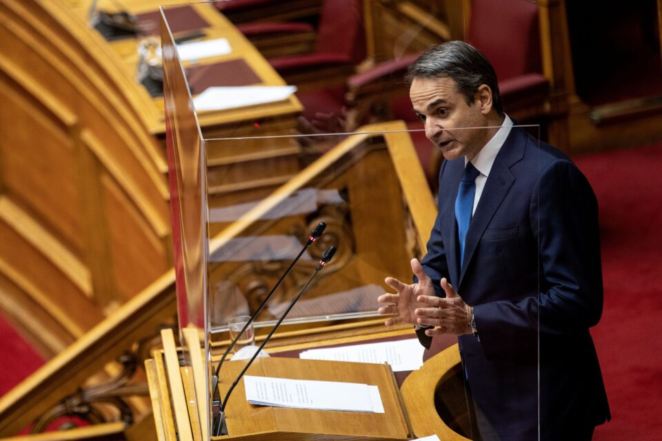 greek pm mitsotakis addresses lawmakers during a parliamentary session on revelations of abuse in arts and sports, in athens
