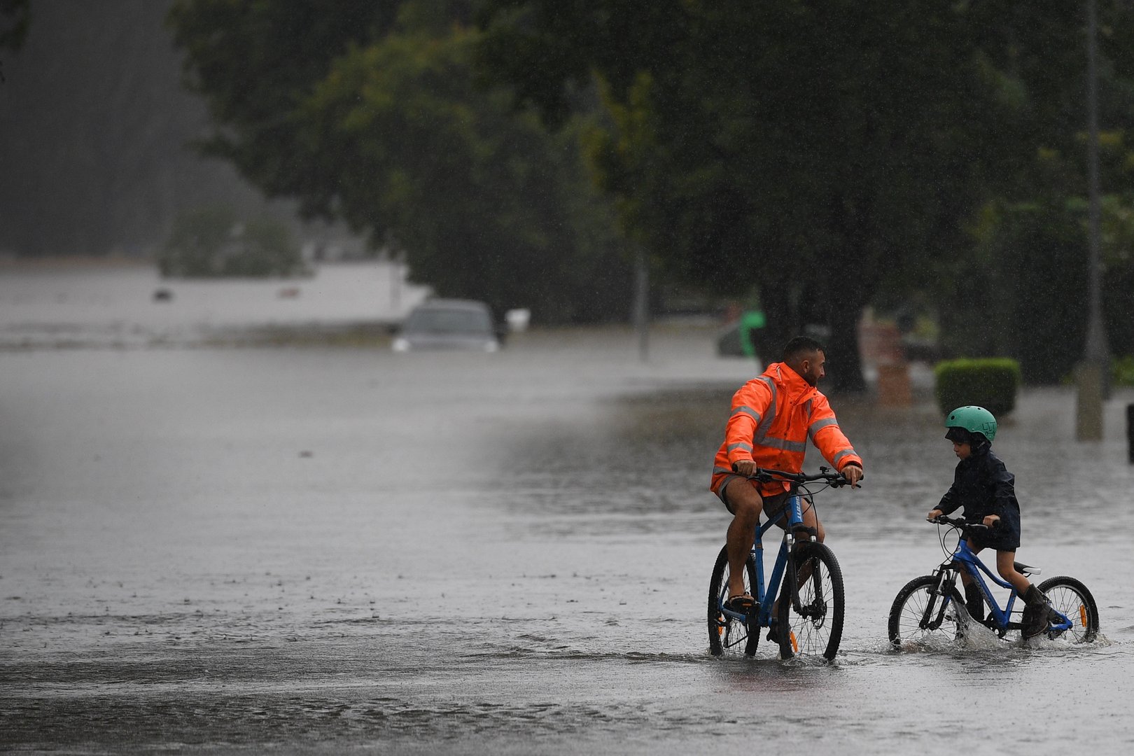 people ride bicycles on the flooded old hawkesbury road near pitt town and windsor
