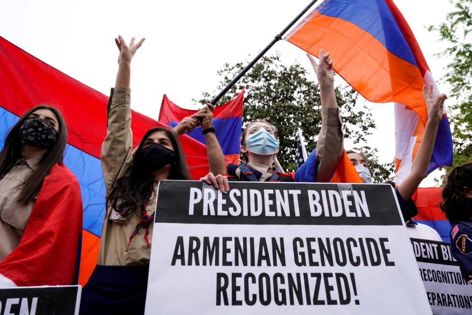 members of the armenian diaspora rally in front of the turkish embassy in washington
