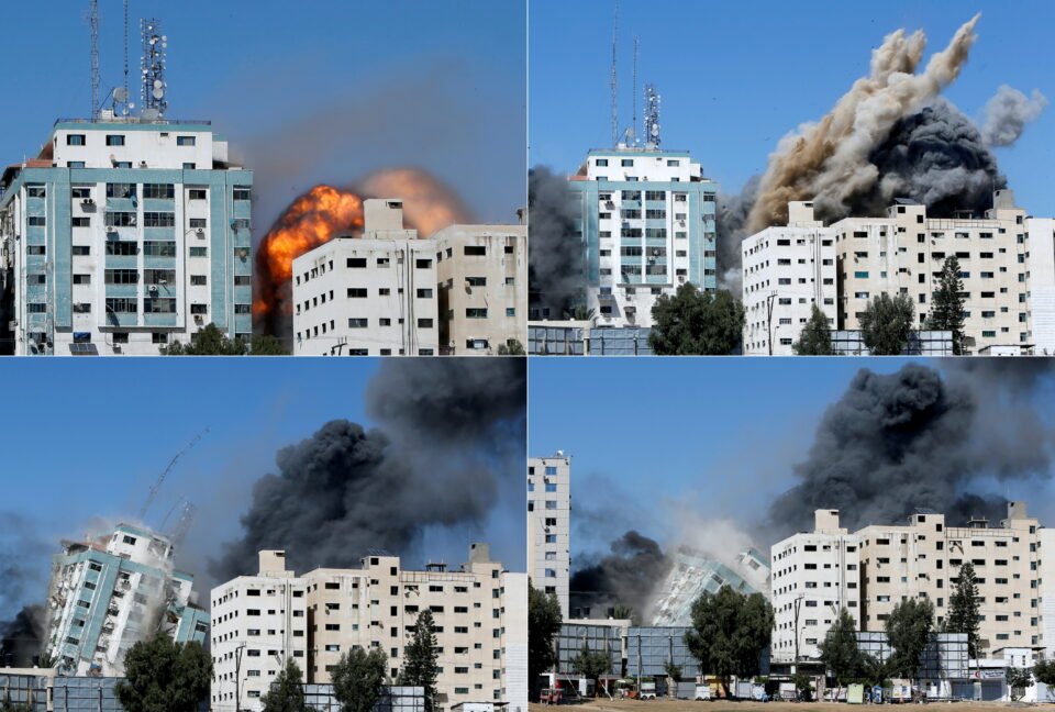 combination picture shows a tower building housing ap, al jazeera offices collapsing after it was destroyed by israeli air strikes in gaza