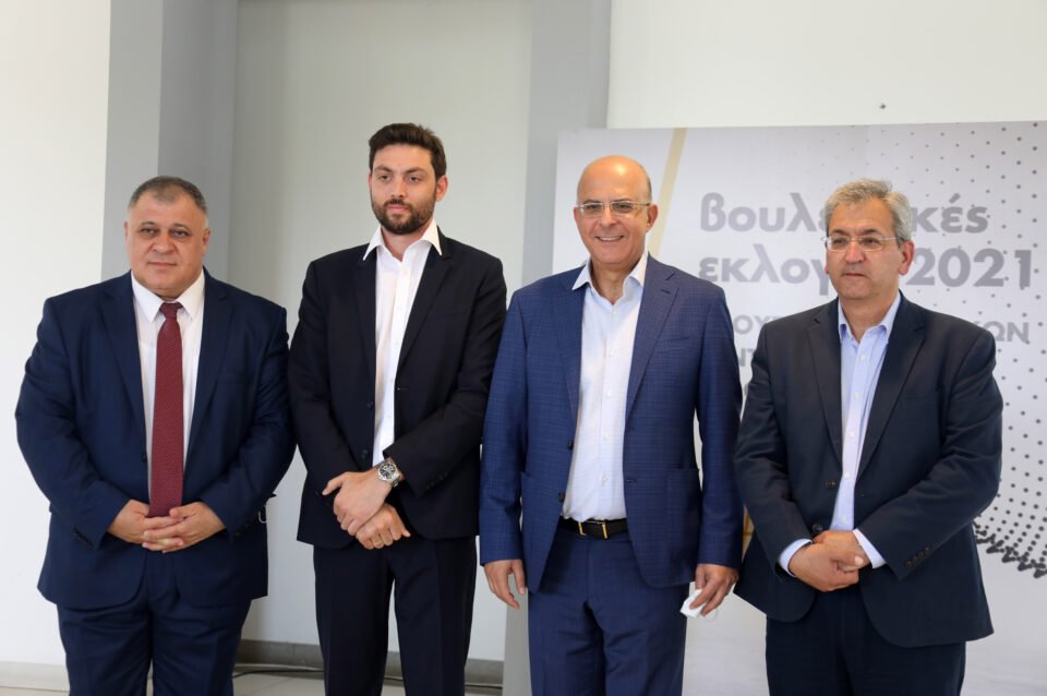 Dipa which contested the elections for the first time got four seat. Leader,, Marios Garoyian (second from right) (CNA)