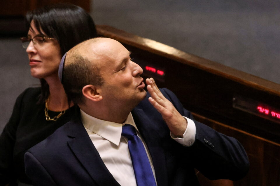 naftali bennett, prime minister designate, gestures at the knesset, israel's parliament, during a special session whereby a confidence vote will be held to approve and swear in a new coalition government, in jerusalem