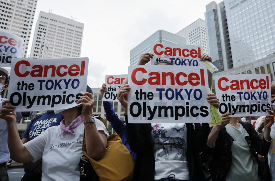 anti olympics rally calls for cancellation of the games, tokyo