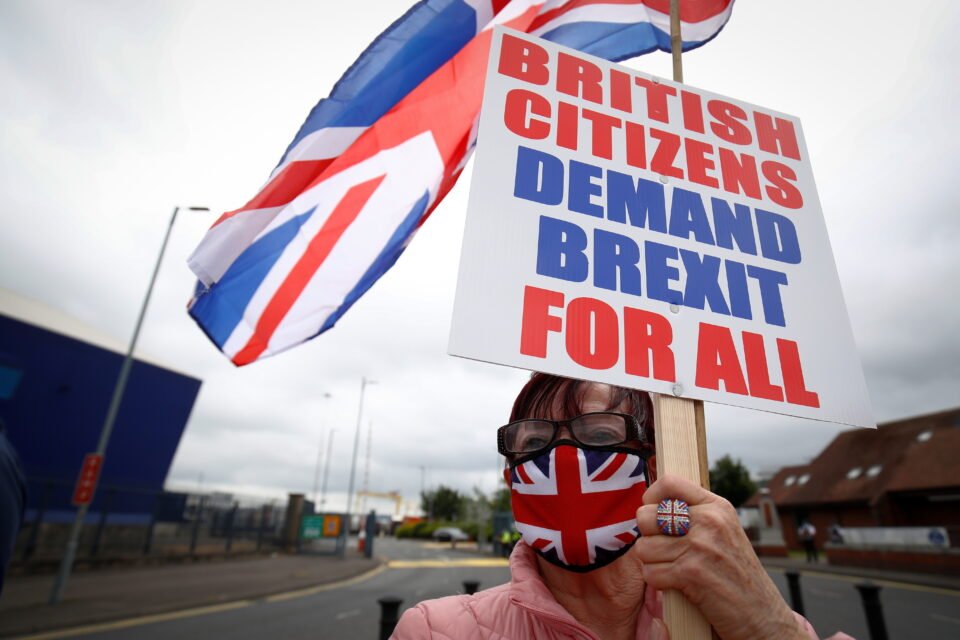 loyalists protest against the northern ireland brexit protocol at belfast harbour estate