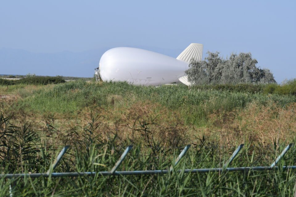 an aerostat balloon system of the european union's border agency frontex, equipped with high tech surveillance cameras, is seen at the airport of alexandroupolis