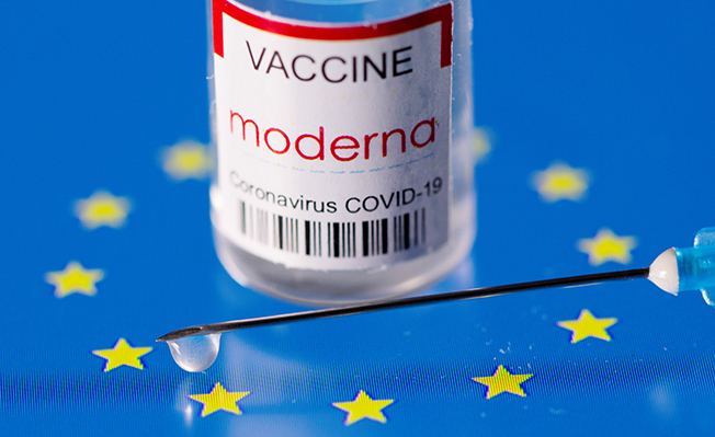 file photo: vial labelled "moderna coronavirus disease (covid 19) vaccine" placed on displayed eu flag is seen in this illustration picture
