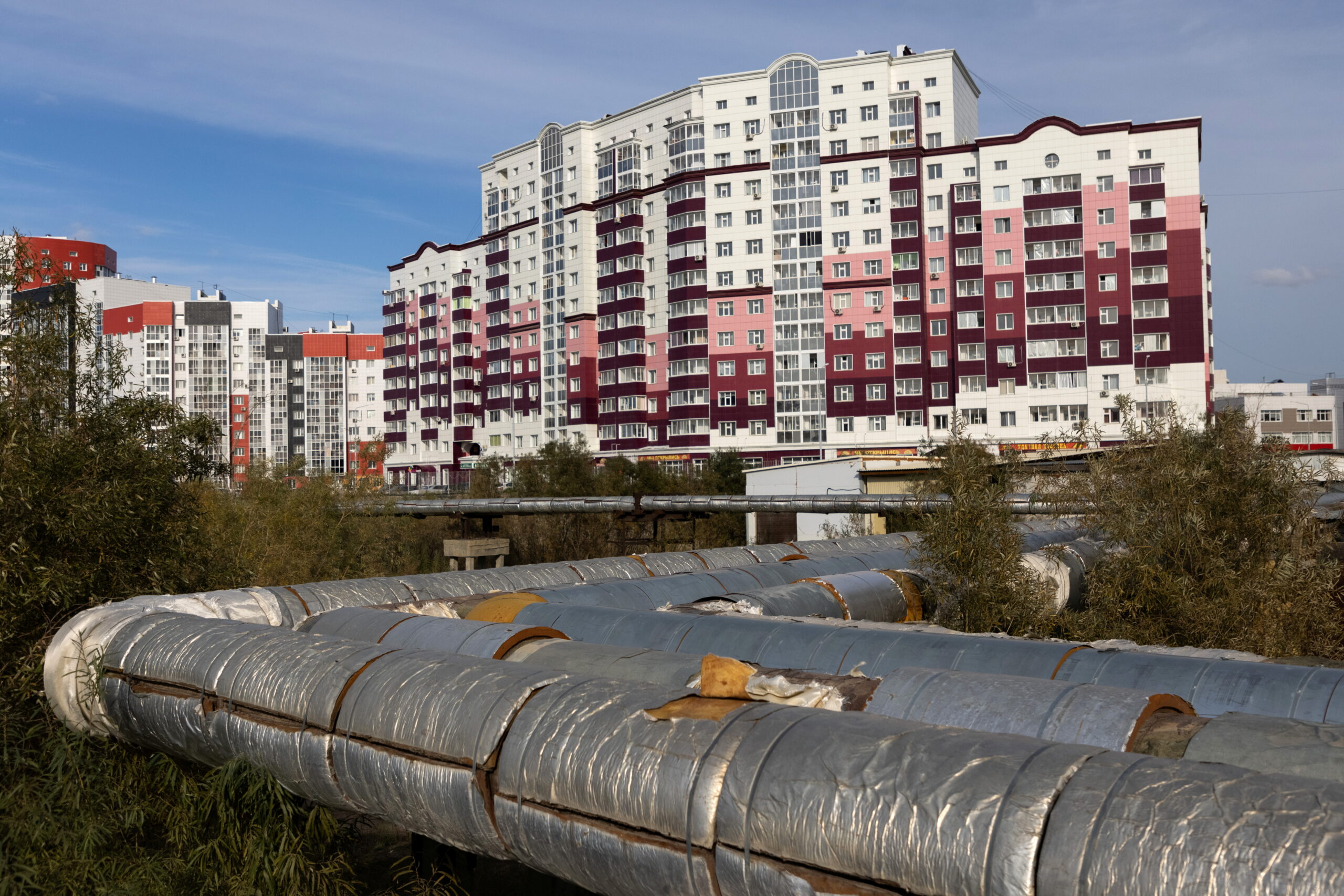 a general view of pipelines laid above the ground in the town of yakutsk