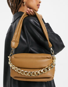 fashion asos design puffed quilted shoulder bag in brown with chunky chain