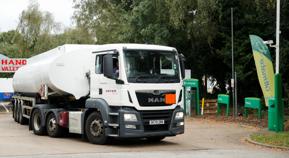 a fuel tanker is seen at a bp fuel station in milton keynes