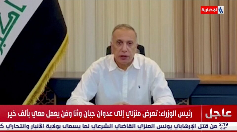 iraqi pm mustafa al kadhimi addresses the nation following a drone strike targeted his residence in baghdad