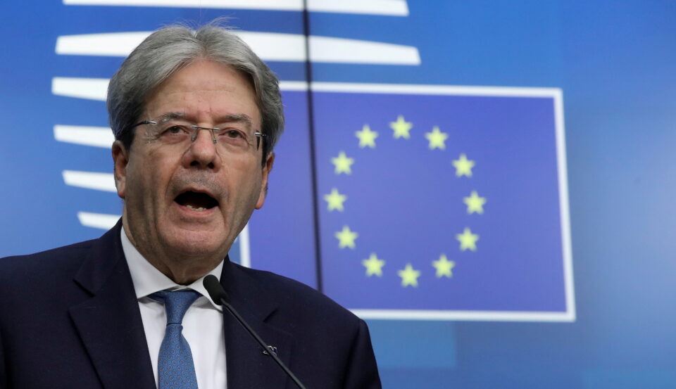 file photo: european commissioner for economy paolo gentiloni speaks during a news conference following a eurozone finance ministers video meeting in brussels last march