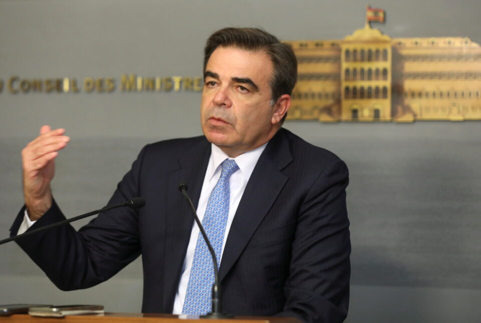 european commission vice president schinas gestures as he attends a press conference in beirut