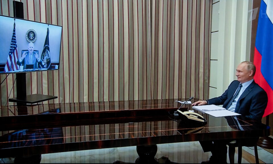 russian president vladimir putin holds talks with u.s. president joe biden via a video link in sochi