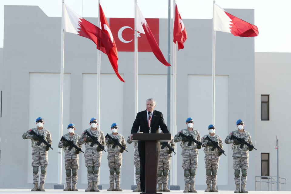 turkish president tayyip erdogan addresses the soldiers as he visits a turkish military base in doha