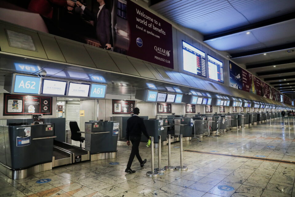 international check in counters stand empty as several airlines stopped flying out of south africa, amidst the spread of the new sars cov 2 variant omicron, at o.r. tambo international airport, in johannesburg