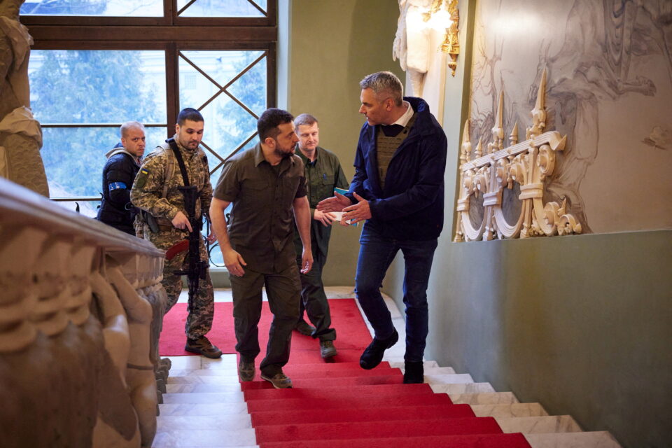 file photo: ukrainian president zelenskiy and austrian chancellor nehammer walk before a meeting in kyiv