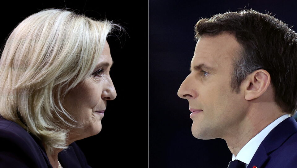 a combination picture shows portraits of le pen and macron running for the second round of the 2022 french presidential election