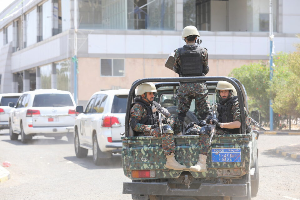 houthi police troopers escort the convoy of the united nations envoy for yemen hans grundberg as it leaves sanaa airport in sanaa