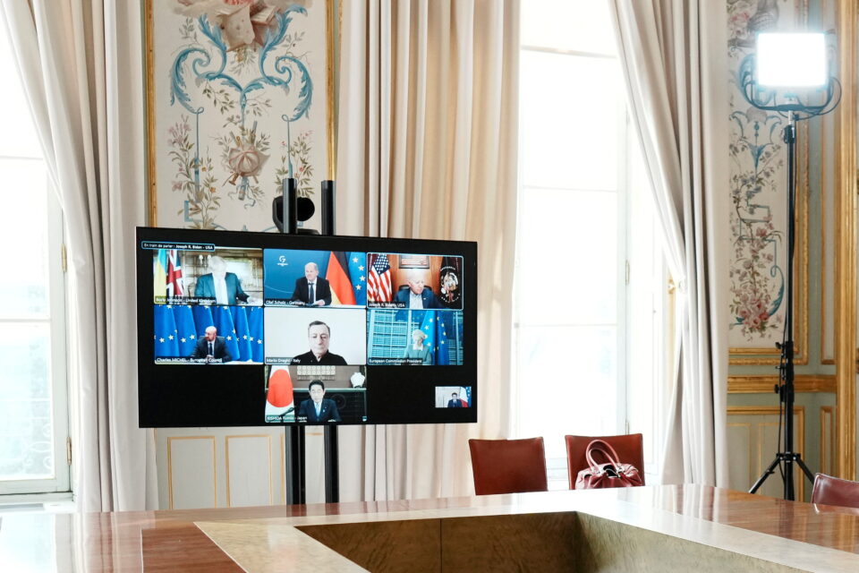 a general view of the video screen of g7 leaders during a video conference on ukraine at the elysee palace, in paris