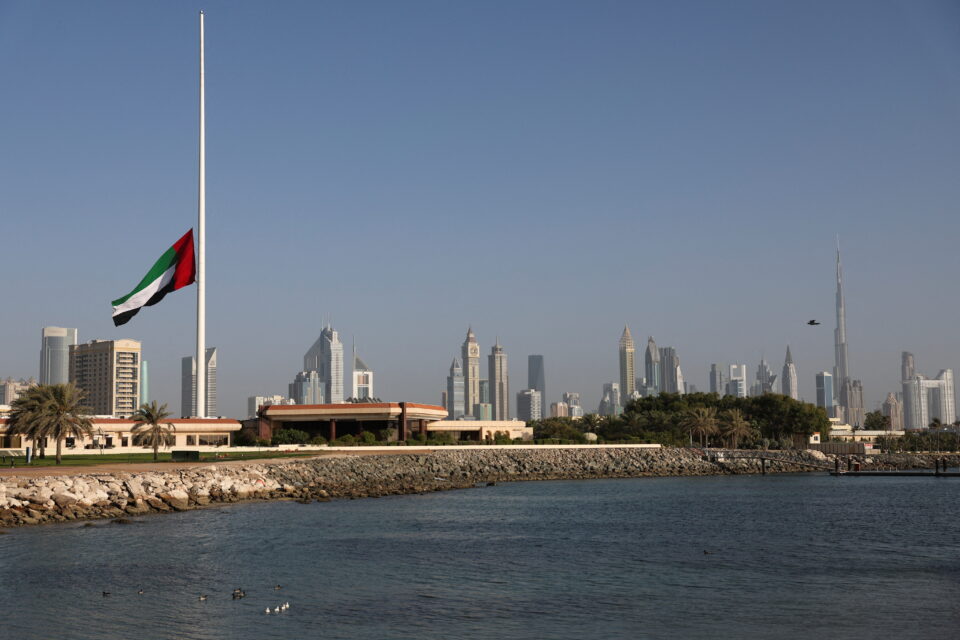 united arab emirates flag flies at half mast after the country's president death