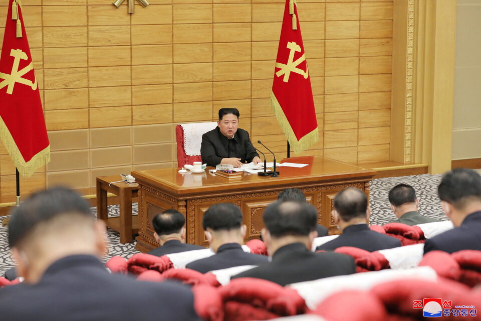 north korean leader kim jong un speaks at a politburo meeting of the ruling workers' party to inspect the country's antivirus efforts against the coronavirus disease (covid 19) pandemic