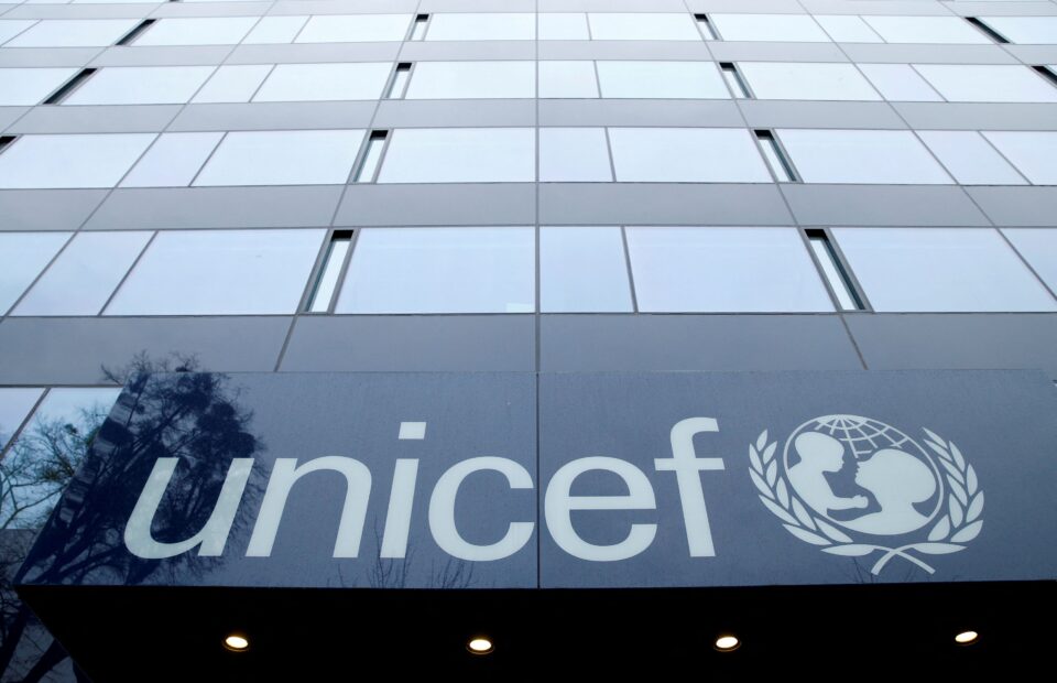 file photo: a unicef logo is pictured outside their offices in geneva