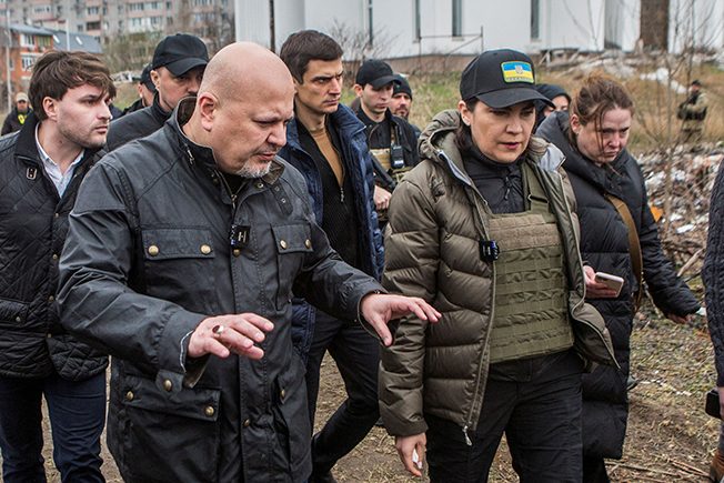 file photo: international criminal court chief prosecutor khan and ukrainian prosecutor general venediktova visit a site of a mass grave in the town of bucha