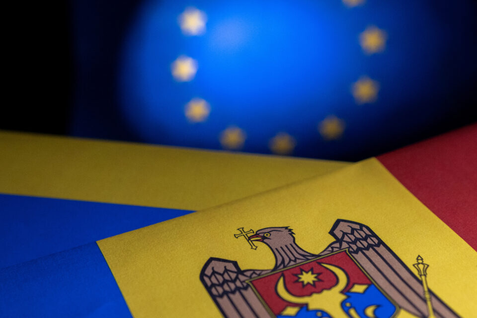 illustration shows eu, ukraine and moldova flags