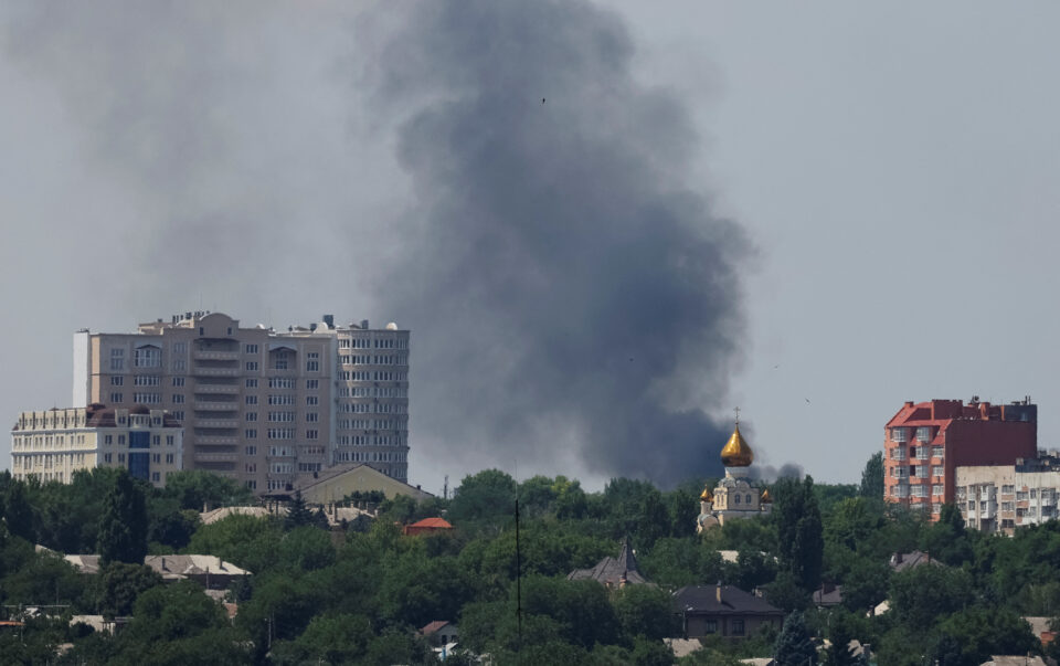 smoke rises after shelling during ukraine russia conflict in donetsk