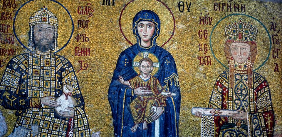 a mosaic from the hagia sophia of istanbul depicting mary with jesus,