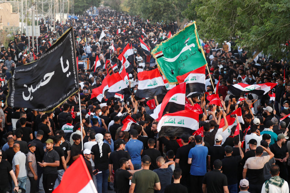 supporters of the coordination framework, a group of shi'ite parties, protest in baghdad