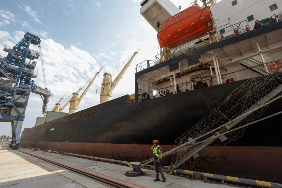 lebanese flagged bulk carrier brave commander is seen in the sea port of pivdennyi during loading with wheat for ethiopia in the town of yuzhne