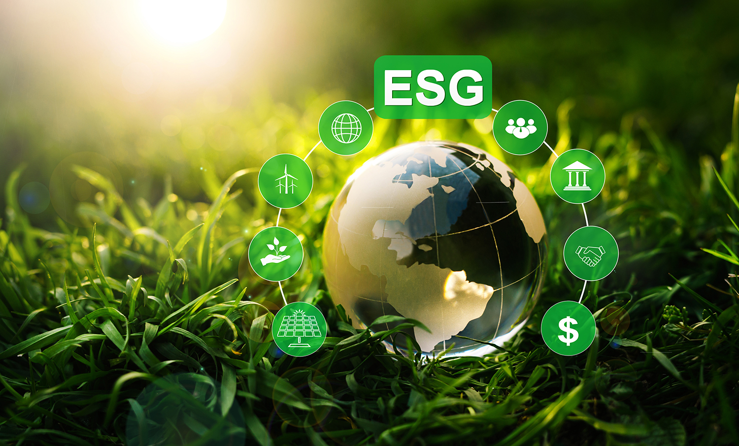 crystal globe and esg icons on green background.environment social and governance in sustainable and ethical business.using technology of renewable resource to reduce pollution