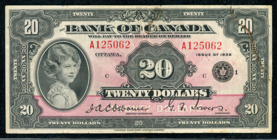 view of a canadian $20 note from 1935, featuring a portrait 8 years old princess elizabeth (later queen elizabeth), which will be auctioned later this month
