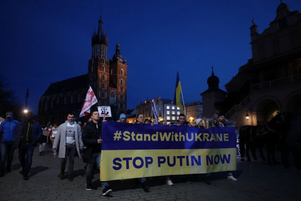 comment duda a protest against russia’s military operation in ukraine, in krakow, poland