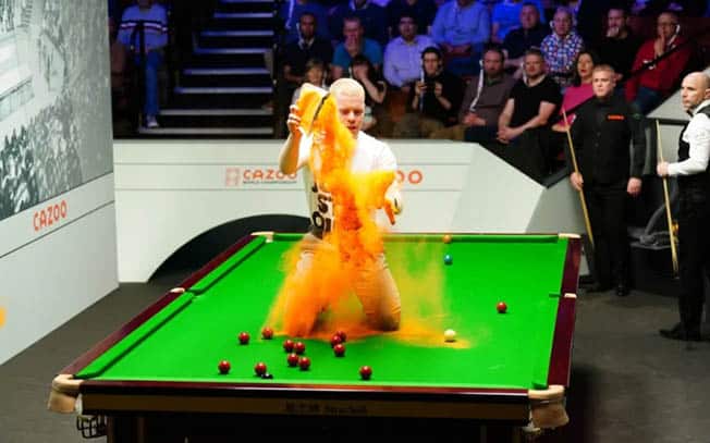 image Protesters halt play at world snooker championship