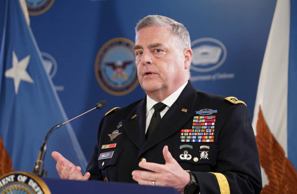 chairman of the joint chiefs of staff milley and defense secretary austin hold a press conference at the pentagon, in washington