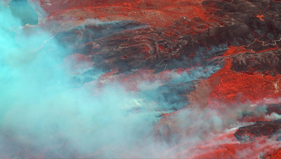 A satellite image shows an infrared overview as a wildfire burns on the island of Corfu, Greece July 25, 2023. Maxar Technologies/Handout via REUTERS 