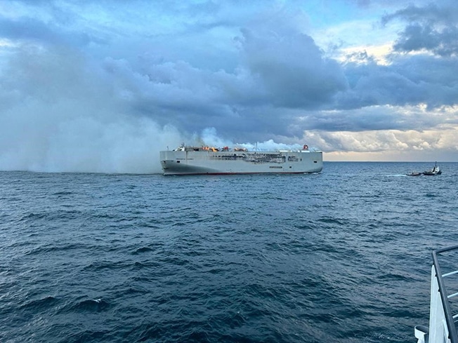 image Ship carrying 3,000 cars burns off Dutch coast, crew member dead