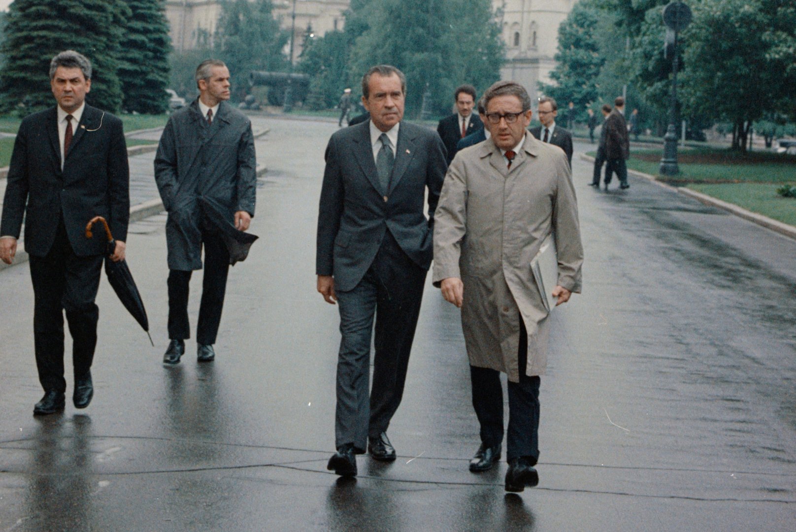 u.s. president nixon and national security adviser henry kissinger walk from the kremlin palace