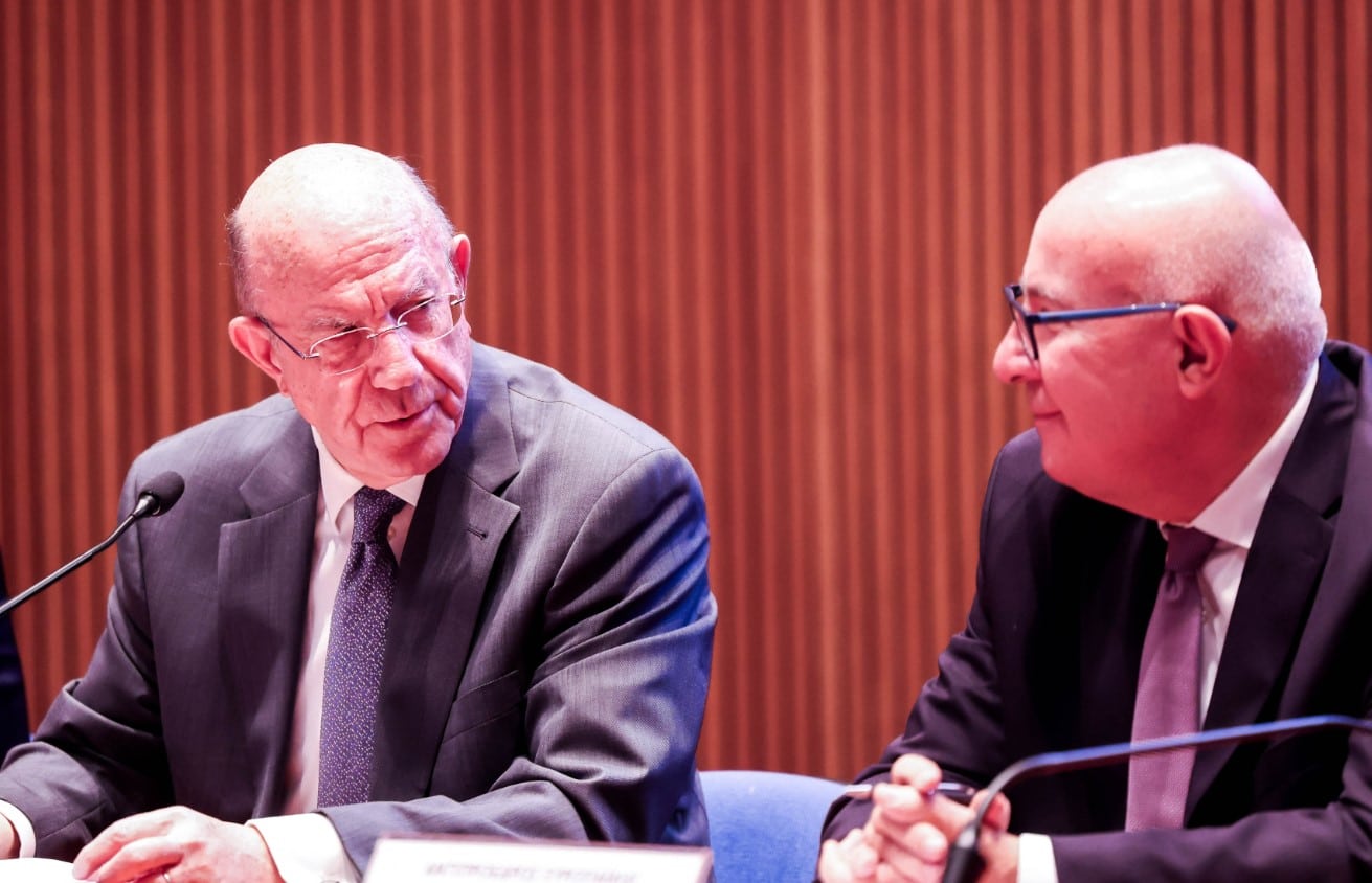 Finance Minister Makis Keravnos, EIB vice president Kyriacos Kakouris, and Agriculture Minister Petros Xenophontos