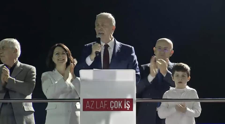 Mansur Yavas addresses crowds in Ankara after winning re-election as the city's mayor